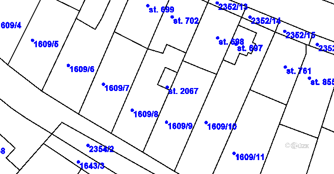 Parcela st. 2067 v KÚ Tišnov, Katastrální mapa