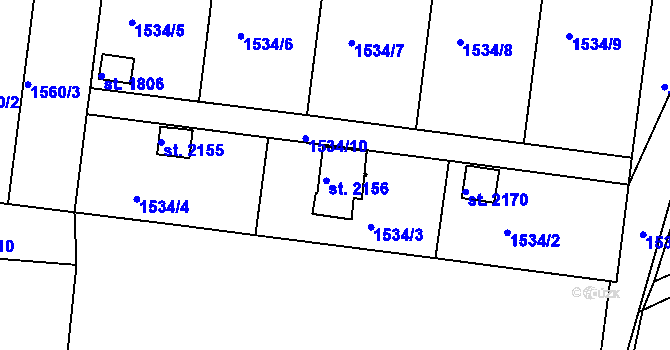 Parcela st. 2156 v KÚ Tišnov, Katastrální mapa