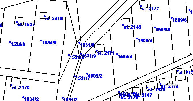 Parcela st. 2171 v KÚ Tišnov, Katastrální mapa