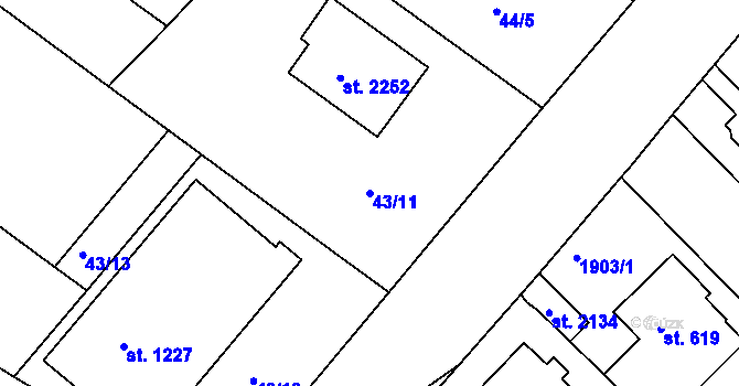 Parcela st. 43/11 v KÚ Tišnov, Katastrální mapa