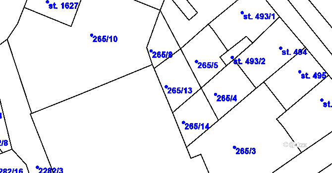 Parcela st. 265/13 v KÚ Tišnov, Katastrální mapa