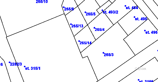 Parcela st. 265/14 v KÚ Tišnov, Katastrální mapa