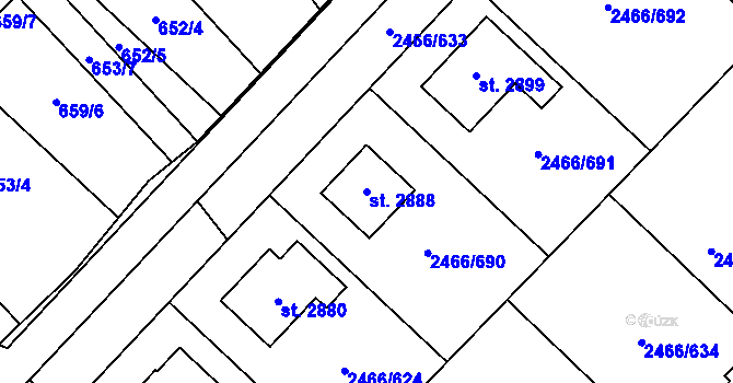 Parcela st. 2888 v KÚ Tišnov, Katastrální mapa