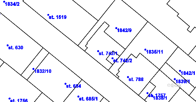 Parcela st. 742/1 v KÚ Tišnov, Katastrální mapa