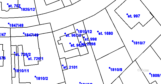 Parcela st. 2098 v KÚ Tišnov, Katastrální mapa