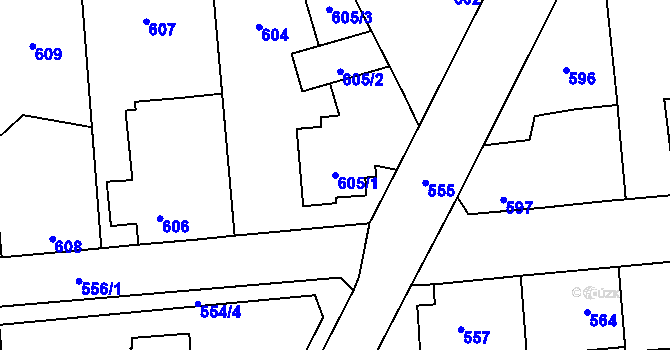 Parcela st. 605/1 v KÚ Tlučná, Katastrální mapa