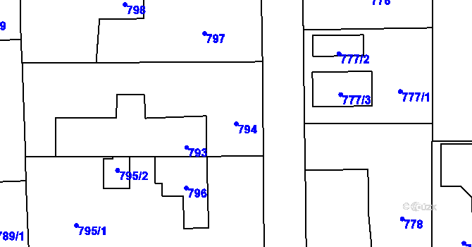 Parcela st. 794 v KÚ Tlučná, Katastrální mapa