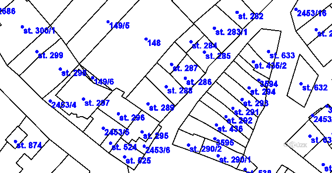 Parcela st. 288 v KÚ Tlumačov na Moravě, Katastrální mapa
