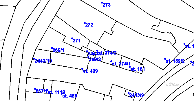 Parcela st. 374/2 v KÚ Tlumačov na Moravě, Katastrální mapa