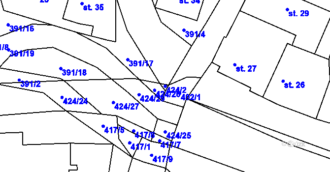 Parcela st. 424/2 v KÚ Tmáň, Katastrální mapa