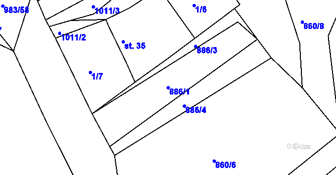 Parcela st. 886/1 v KÚ Dehtín, Katastrální mapa