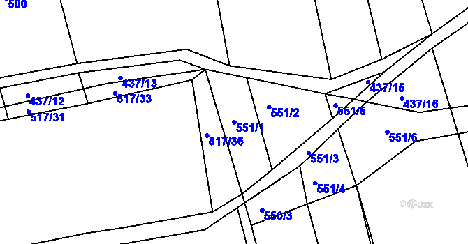 Parcela st. 551/1 v KÚ Dehtín, Katastrální mapa