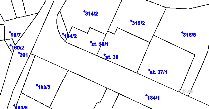 Parcela st. 36 v KÚ Topělec, Katastrální mapa