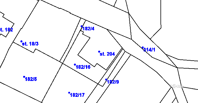 Parcela st. 204 v KÚ Topělec, Katastrální mapa