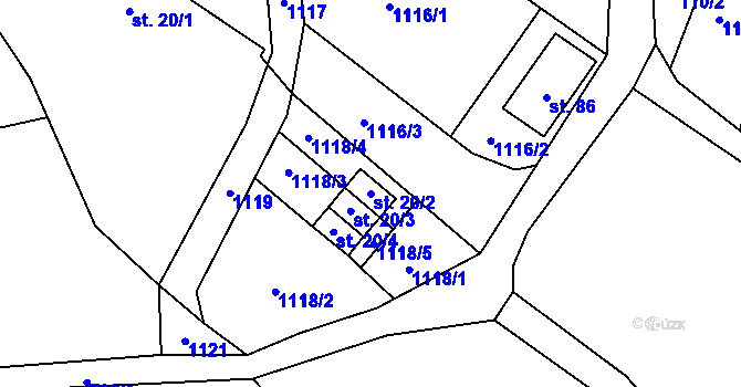 Parcela st. 20/2 v KÚ Touchořiny, Katastrální mapa