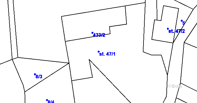 Parcela st. 47/1 v KÚ Touchořiny, Katastrální mapa