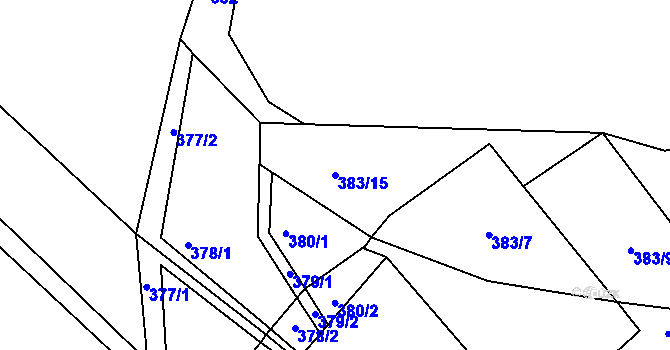 Parcela st. 383/15 v KÚ Touchořiny, Katastrální mapa