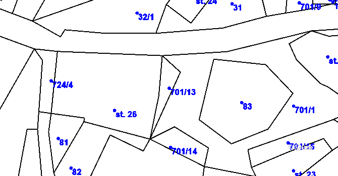 Parcela st. 701/13 v KÚ Touchořiny, Katastrální mapa