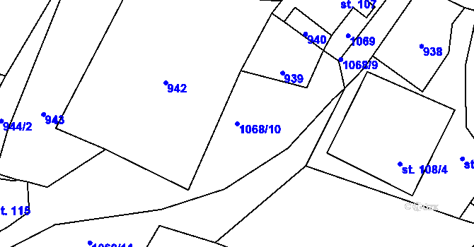 Parcela st. 1068/10 v KÚ Touchořiny, Katastrální mapa