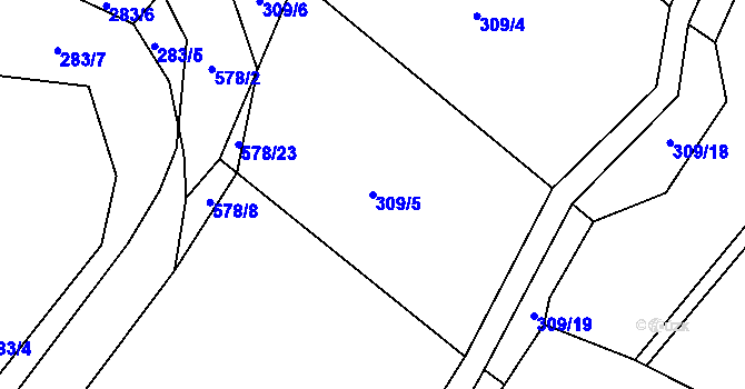 Parcela st. 309/5 v KÚ Touchovice, Katastrální mapa