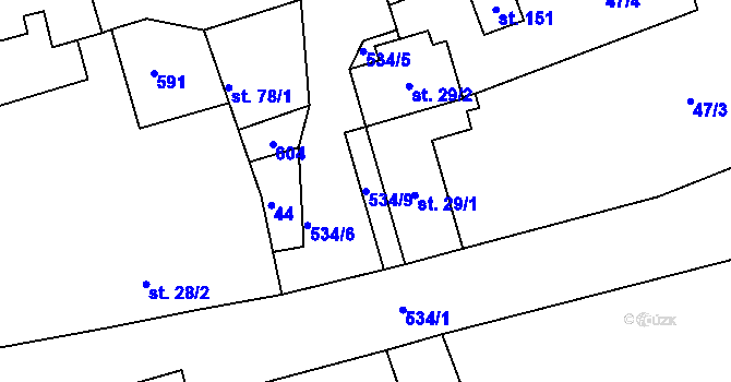 Parcela st. 534/9 v KÚ Touchovice, Katastrální mapa