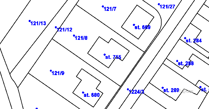 Parcela st. 755 v KÚ Lázně Toušeň, Katastrální mapa