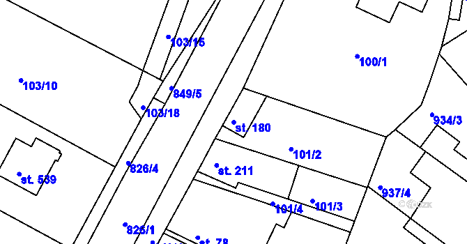 Parcela st. 180 v KÚ Lázně Toušeň, Katastrální mapa