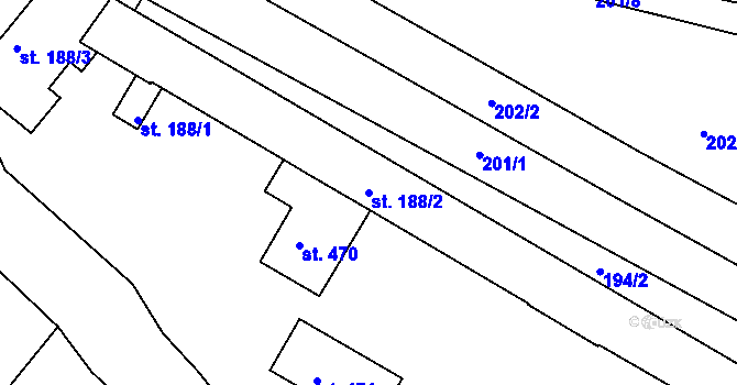 Parcela st. 188/2 v KÚ Lázně Toušeň, Katastrální mapa