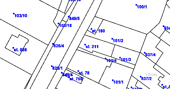 Parcela st. 211 v KÚ Lázně Toušeň, Katastrální mapa