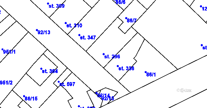 Parcela st. 296 v KÚ Lázně Toušeň, Katastrální mapa