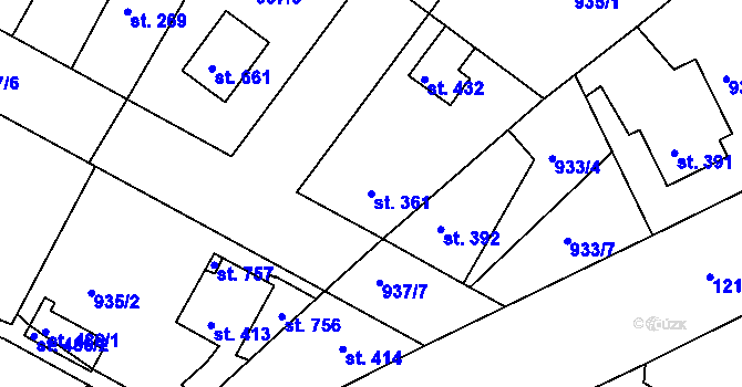 Parcela st. 361 v KÚ Lázně Toušeň, Katastrální mapa