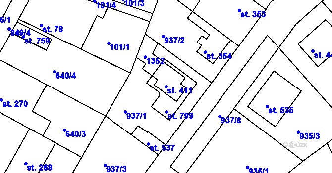 Parcela st. 411 v KÚ Lázně Toušeň, Katastrální mapa