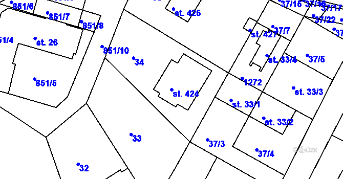 Parcela st. 424 v KÚ Lázně Toušeň, Katastrální mapa