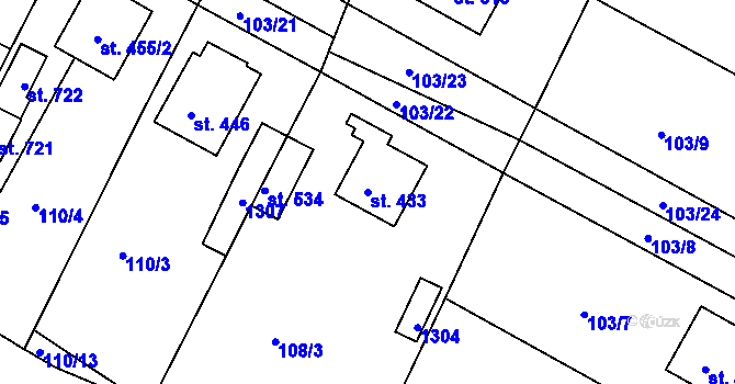 Parcela st. 433 v KÚ Lázně Toušeň, Katastrální mapa
