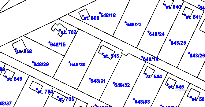 Parcela st. 543 v KÚ Lázně Toušeň, Katastrální mapa