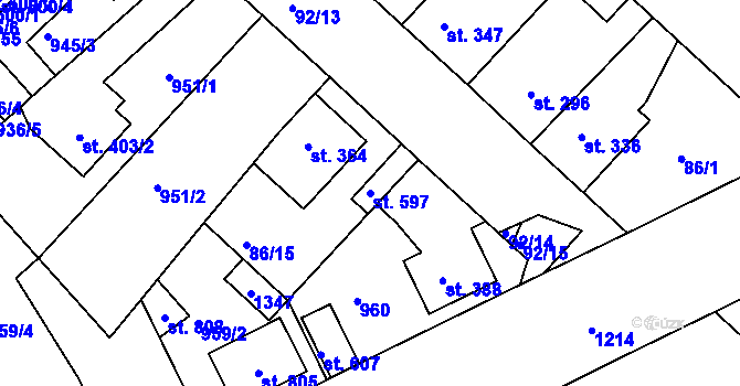 Parcela st. 597 v KÚ Lázně Toušeň, Katastrální mapa