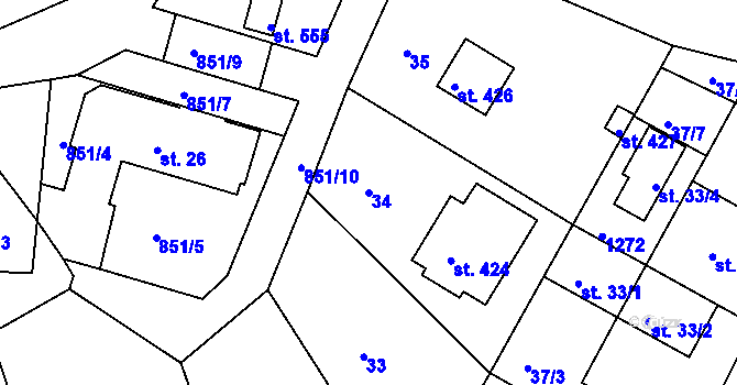 Parcela st. 34 v KÚ Lázně Toušeň, Katastrální mapa
