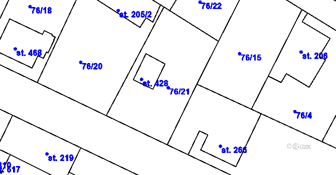 Parcela st. 76/21 v KÚ Lázně Toušeň, Katastrální mapa