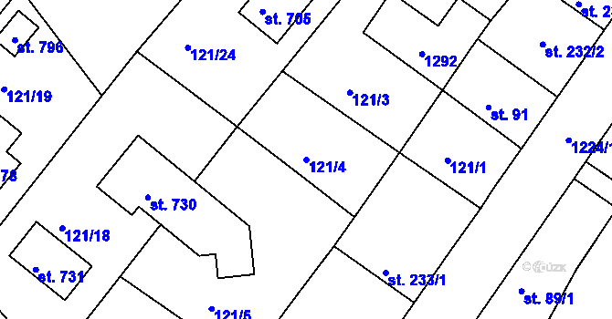Parcela st. 121/4 v KÚ Lázně Toušeň, Katastrální mapa