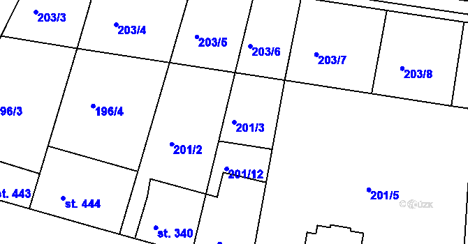 Parcela st. 201/3 v KÚ Lázně Toušeň, Katastrální mapa