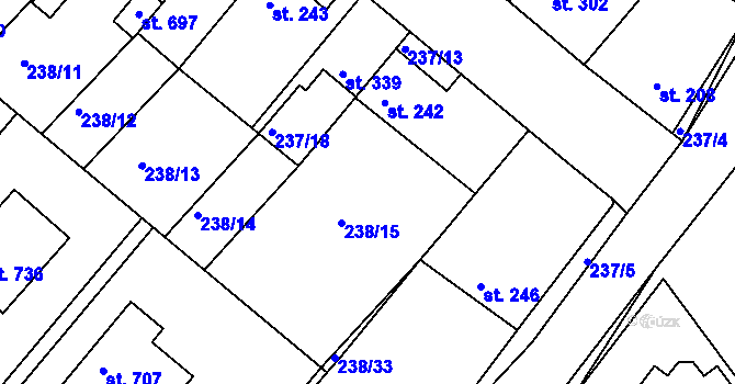 Parcela st. 237/9 v KÚ Lázně Toušeň, Katastrální mapa