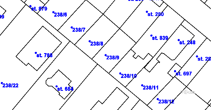 Parcela st. 238/9 v KÚ Lázně Toušeň, Katastrální mapa