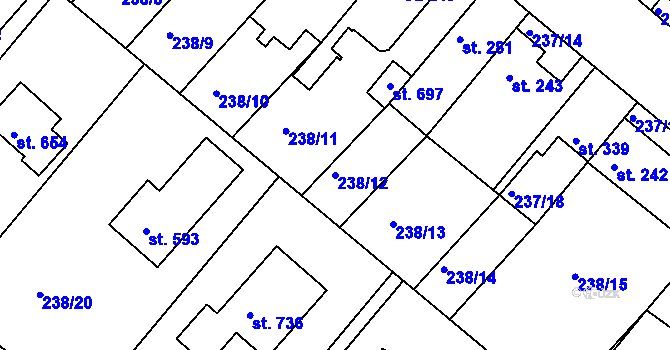 Parcela st. 238/12 v KÚ Lázně Toušeň, Katastrální mapa