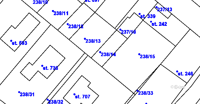 Parcela st. 238/14 v KÚ Lázně Toušeň, Katastrální mapa