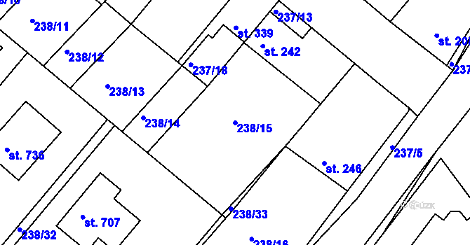 Parcela st. 238/15 v KÚ Lázně Toušeň, Katastrální mapa