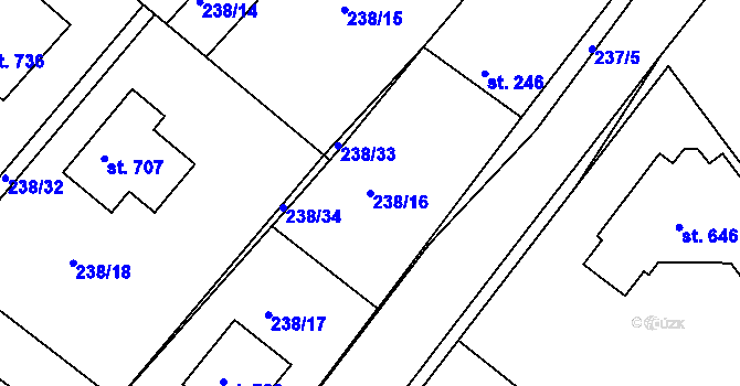 Parcela st. 238/16 v KÚ Lázně Toušeň, Katastrální mapa