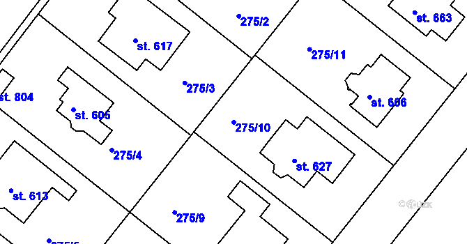 Parcela st. 275/10 v KÚ Lázně Toušeň, Katastrální mapa