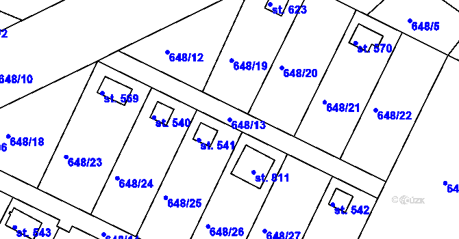 Parcela st. 648/13 v KÚ Lázně Toušeň, Katastrální mapa