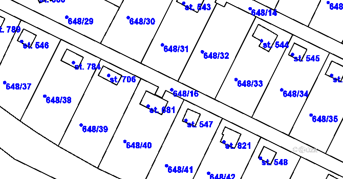Parcela st. 648/16 v KÚ Lázně Toušeň, Katastrální mapa