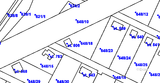 Parcela st. 648/18 v KÚ Lázně Toušeň, Katastrální mapa